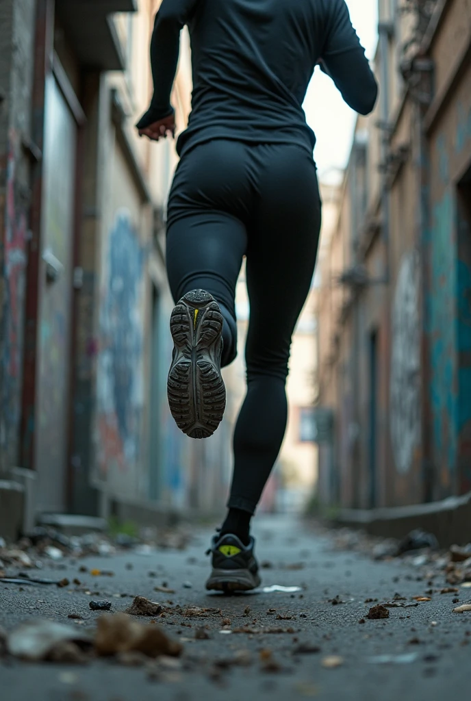A cartoon drawing of a woman sprinting down a hallway, zoomed in on her lower body, Shorts, socks