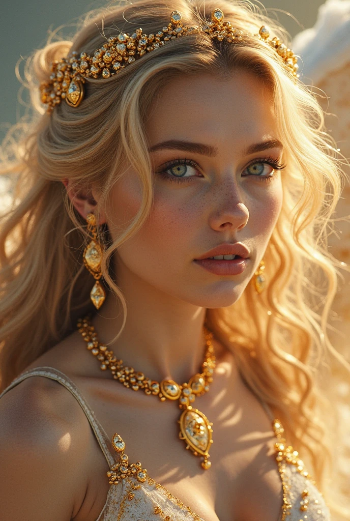 absurdrez, ultra detali, high qualiy, work of art, face detailed, gorgeous eyes(detailedeyes), greek mithology, goddess, hera , the queen of the gods, striking and captivating, features are classically beautiful, with high cheekbones, a face of perfect proportions, eyes portrayed as large and captivating, keep an intense gaze, golden hair , Gole hair is lush and flowing, cascading down the coast in waves,wearing elegant robes adorned with intricate patterns ,Your beauty is not only superficial, but embodies the essence of power, autoridade, and royalty.
