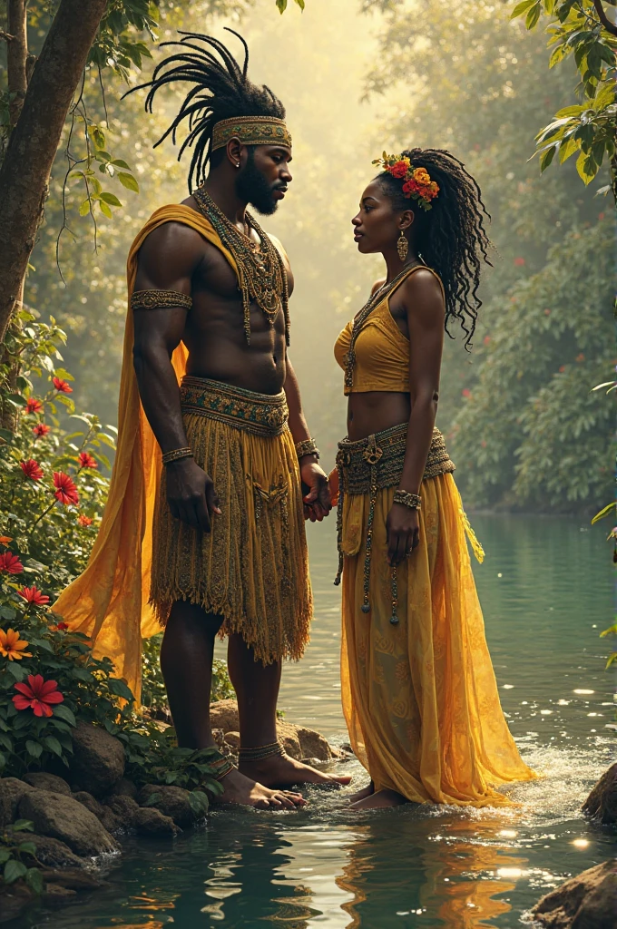 A beautiful black African woman , lush body, long hair decorated with cowries and shells, a scimitar in hand on the riverbank sharpening, barefoot.wearing light green clothes with cowries , lots of shells and cowries to wear ,pulseiras de cobre e pedras no pulso e colares de conchas au 3d , au (close) Ao lado um homau negro africano olhando a e sorrindo, wearing cobalt blue clothes with a spear , Ogun river leaving the continent of Africa in the background , walking to the riverside , imagau hiperrealista.