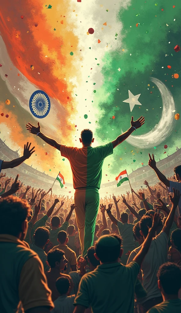 A 21 years old boy salutes the national flag of Bharat and he is wearing a shirt print is like Bharat flag and ” OMDEV ” and 15 number and republic day in small written on it’s back in big and bold fonts, 3d illustration.