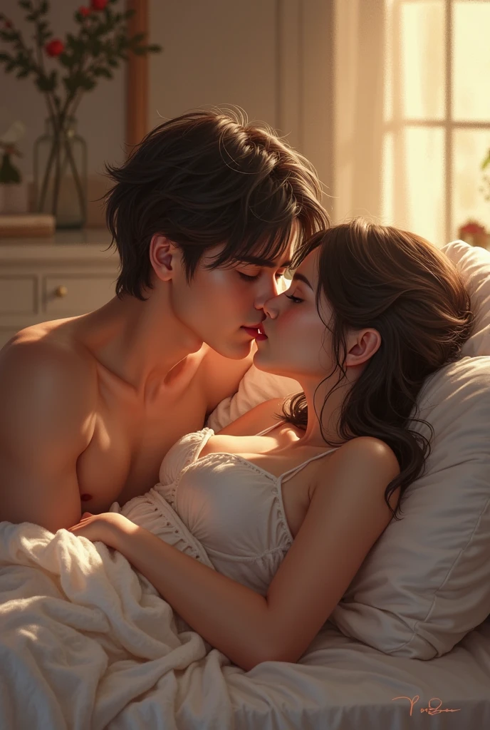 A girl and boy kissing in her lips when she woke up from sleep