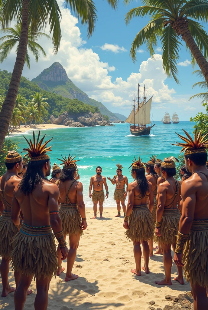 Holocene period, dark cloudy day with black clouds in the sky, Amerindian men without beards on their faces, no hair on the face, feathers on the chest of women looking in different directions, beardless indians, no bear observed, wearing feathers and plumes with shell necklaces from shore and Amerindian Neanderthal women, small stature,sturdy body, Chove forte, chest covered with colorful feathers and plumesfeathers covering the torso, , brown skin aborigines , savages wearing only a few colorful bird feathers , just dirty skin grandpa feathers, catching fish, turtle shells on the ground..lots and lots of shells on the floor, floor full of shells and seaweed few feathers cover the body , no clothes under the feathers no straw disheveled hair, hair spread out, messy hair, ugly hair masterpeiece on a remote beach and many small white shells, muddy shells, fish remains, remains of bonfires with smoke coming out of the embers, many oysters, fish bones and on the floor , searching for shells on the sand, dead fish on the sand, piles of shells nearby