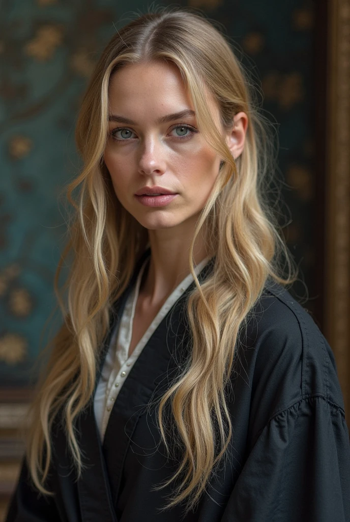 19th century portrait of a mysterious woman, around 32 years old, long blonde and straight hair. The image should be in a sepia tone with chiaroscuro lighting that highlights details without making the image too dark. The woman must have an enigmatic expression, with an intense look and young features. She is dressed in a dress and with earrings. The portrait should capture just the head and shoulders, daguerreotype style, with a shallow depth of field and a vintage photo border to mimic old photographs. The overall atmosphere should be dark but balanced to ensure the image remains sharp and suitable for printing, avoiding excessive darkness and maintaining visual quality.