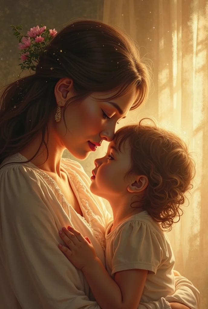 A little brunette girl, chestnut,with wavy hair and a white woman with wavy black hair holding hands