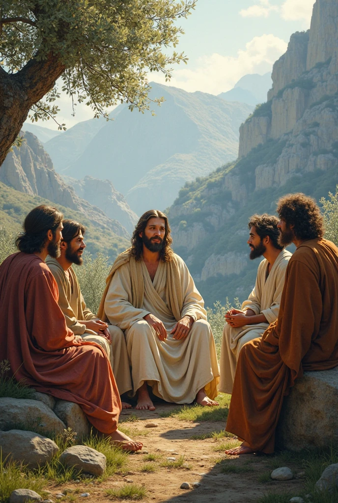 Jésus-Christ avec ses disciples assis sous un arbre, portrait de Jésus