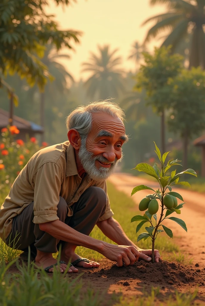 Uncle Tu is an elderly man, Lean with gray hair and tanned skin. He usually wears simple clothes like old shirts, Long pants and flip-flops. He has a gentle face, often smile beard. Sitting and planting small tomato plants, sowing each small plant down below. 3d animation