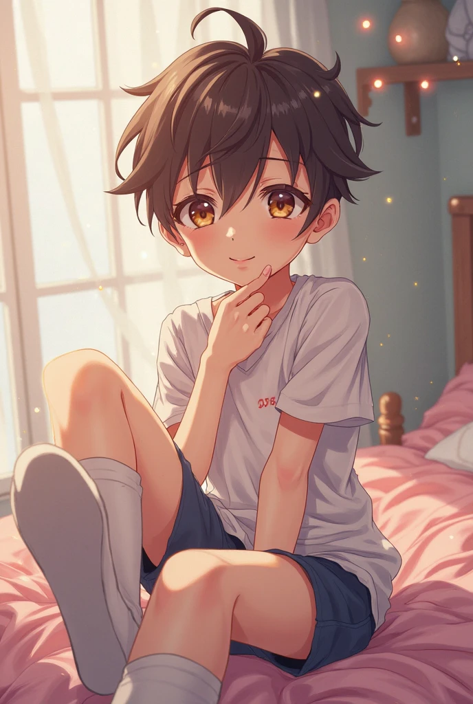 Acute anime boy he is shy and he has no nipple and he's posing on the bed ready to have sex he's very very shy