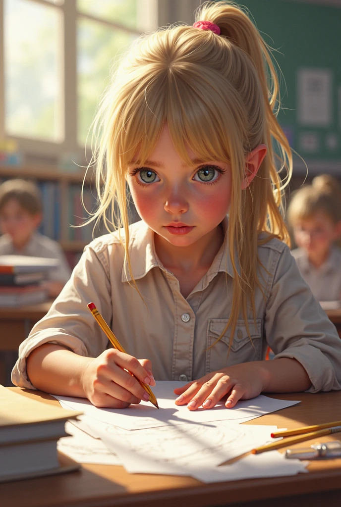 Developing cultural and intellectual skills, education according to the curricula prescribed for students , receiving information in the classroom, a close-up picture of a student with blonde hair , wearing a green uniform sitting on a school desk, performing school assignments