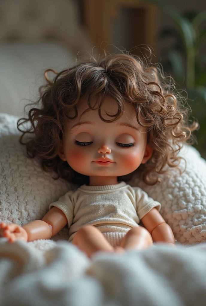 Super realistic baby in crib big eyes hair with curls pink cheeks soft skin tender look --auto --s2