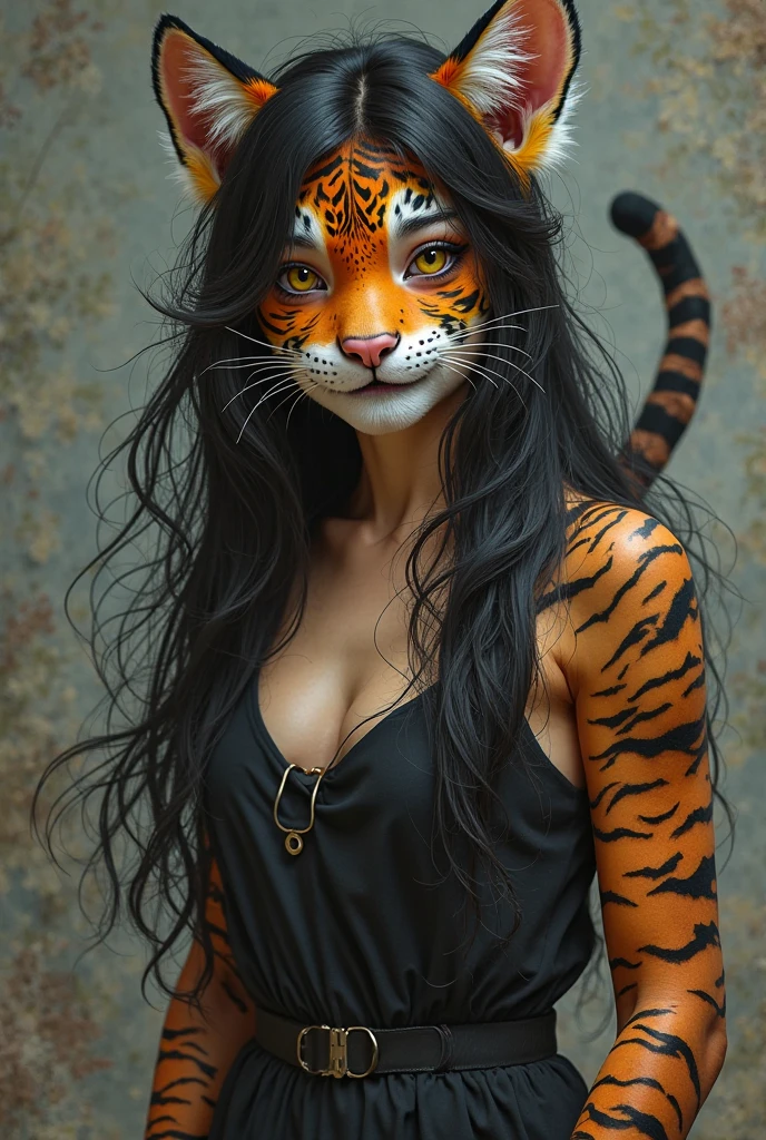 (masterpiece, photorealistic:1.4, extremely intricate:1.3), (photon mapping, radiosity, physically based rendering, ultra resolution, hyper-realistic, 8K), ((mature female, [bodybuilder:supermodel:0.8], ((([large breasts:medium breasts:0.4], black leather vest, chrome rivets, ((tiger bodypaint), topless)), ruby necklace, serious, sad, 30 years old, elegant:1.2)), long eyelashes, [side view:from above:0.3], ((makeup:1.2, red lips)), [skin detail:freckles:0.8]), ((background futuristic neon cyberpunk city street)) professional photograph, (((straight long hair [black hair:bright orange hair:0.6])))), BREAK ((sharp focus, dramatic, award winning, cinematic), bokeh, blurry background, interaction, metal reflections), bright eyes
