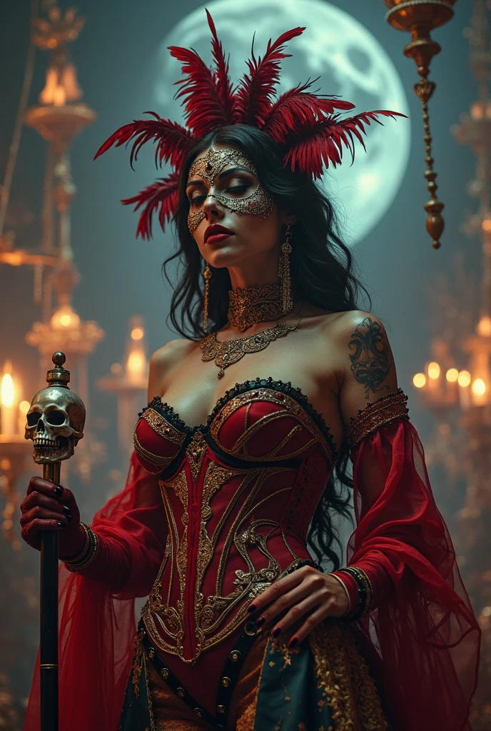 A vampiric ghost crying red tears, gothic rococo fashion, white and gold, rococo underworld, terror horror art style