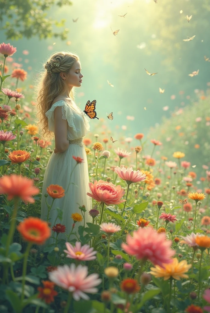 A woman with flowers surrounded by colorful flowers and colorful butterflies inside an abandoned place illuminated by a window in the afternoon