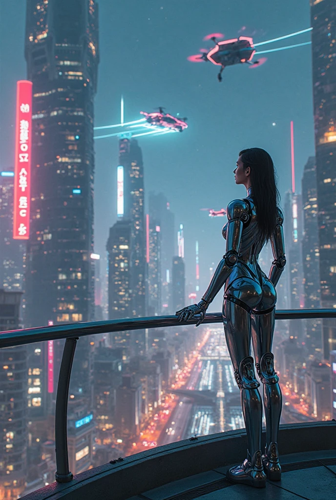 American comic book style, Afro-descendant girl, long black hair, wide hips, big butt, robotic right leg, on the balcony of the building, watching, buildings, skyscrapers, ships, Cyberpunk/Futuristic, cinematic lighting, wide shot, from behind, atmospheric perspective, Comics Americans, UHD, masterpiece, accurate, anatomically correct, textured skin, super detail, high details, high quality, award winning, best quality, highres, 4K, 8k, 16k