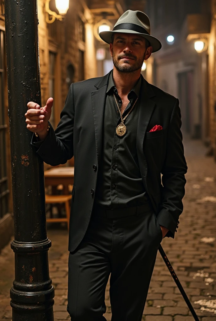"A demon in formal wear. He has dark skin and a serious expression., with a sharp horn on each side of the head. Your hair is long and wavy, dark in color, and he wears a black felt hat. The demon wears a red suit with gold details, a white shirt and a black tie. he holds a cigar, exhaling smoke around you, creating a mysterious and intimidating atmosphere."
