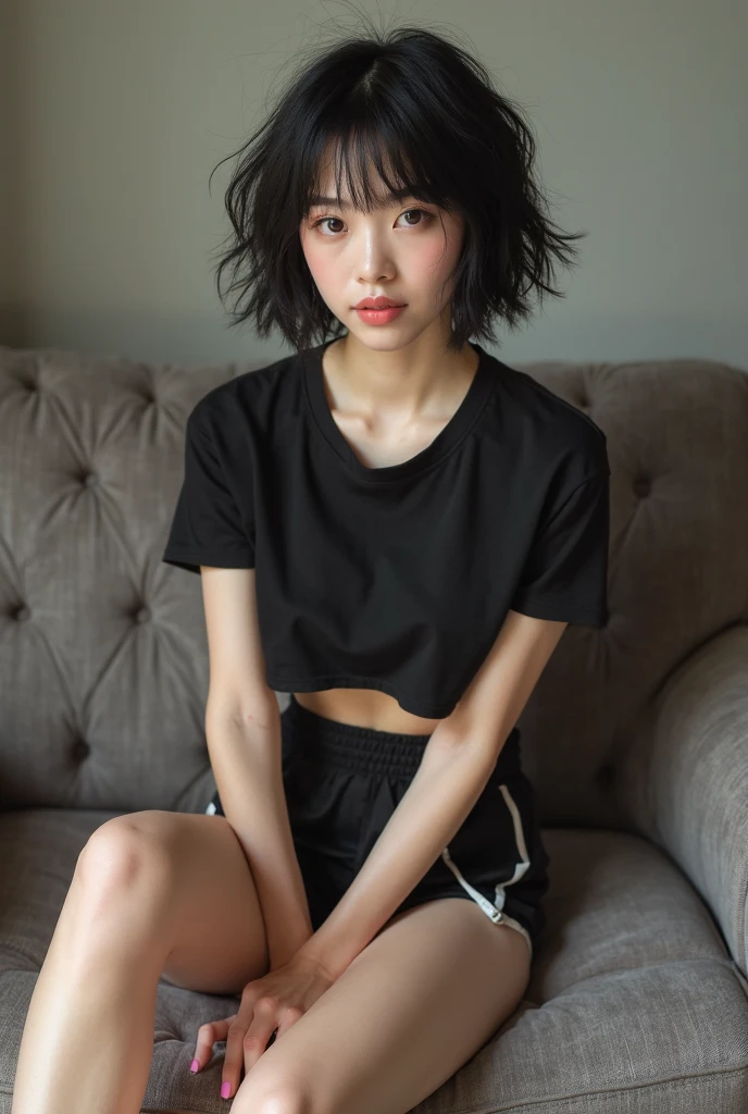 (8k, Photorealistic, Raw photo, Highest quality: 1.4),Japanese idol-style beautiful girl,model,1 person,18-year-old,(Short Bob),(Silver Hair :1.2),She has her hair tucked behind her ears,Clear grey eyes,Long eyelashes,(piercings(small)),(Lip gloss),lips(Plump,glossy),thin long neck,(Micro T-shirt((Skin-tight),(Short length that reveals the navel))),Wide leg pants((Black),(Sweat fabric),(Length that covers the instep)),(Holding the jacket with left hand),(Right hand in pocket),Pumps with heels,Cool pose,Full body portrait