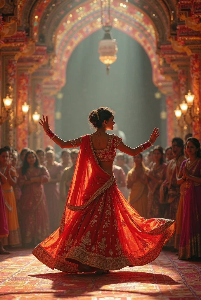 Prompt: A vibrant, Middle Eastern palace, adorned with intricate mosaics and ornate chandeliers. A graceful dancer, clad in shimmering, traditional attire, performs a captivating routine in the center of a grand hall. The scene is filled with energy and excitement, as guests watch in awe and delight. The colors are rich and warm, reflecting the opulence of the palace and the joy of the celebration.