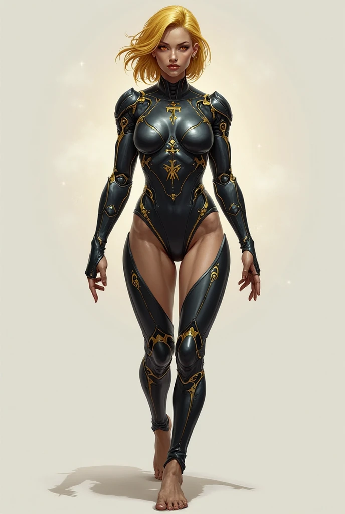 8k ((long neck:1.5))((full body view))((view from below:1.5)),(large eyes:1.3), defined cheekbones, looking back, ((the pit style:1.4))((sleek gold bodysuit:1.6)) ((intricate translucent details:1.4))detailed face:1.5), translucent skin,(puffy lips:1.5) (translucent skin:1.6), (bald woman:1.7), (skinhead) ((sexy pose)),(Muscular:1.3), ((gigantic breasts:1.5)), )highly detailed, majestic, digital photography, art by artgerm and ruan jia and greg rutkowski, ((clear shoulder pads:1.2)), (masterpiece), (slendered abs:1.3)sidelighting, intricate details, (((black and gold color palette))), body appears see through, gold torso, ((black legs:1.5))