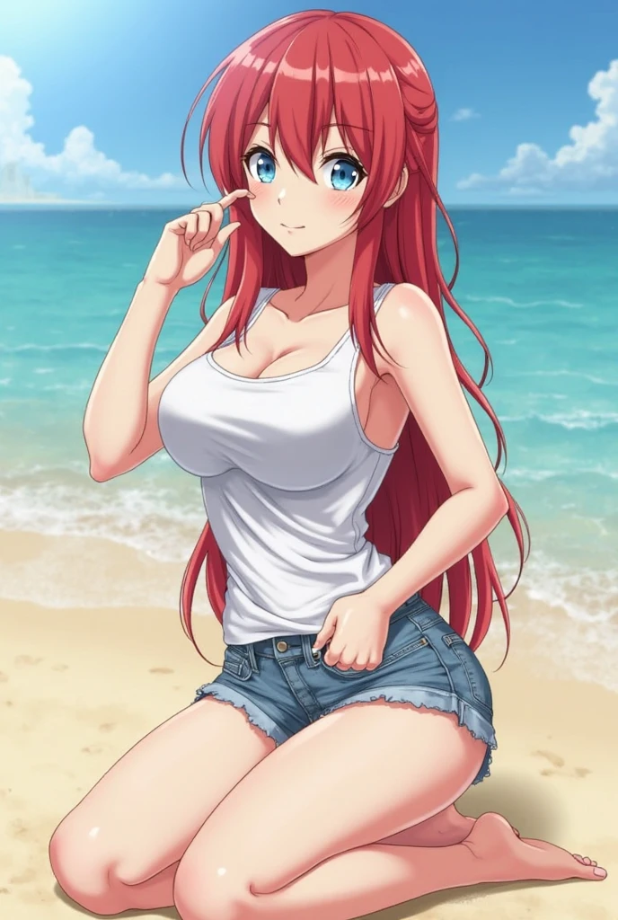 Anime style, Painting, absurderes、perfect anatomia、Hani , azur Bra visible、breasts out、long hair, ‎cleavage of the breastsmall breasts, on the beach, (see-through), white t-shirt, red blush, smile, redhead, red hairs, azur string, azur lace, azur panty, beach umbrella, towel, very detailed eyes, innocent