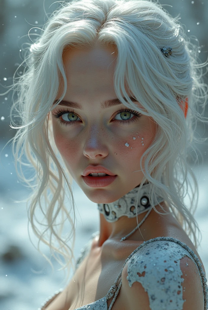 1girll,(Snow,Ice), snowflower, In winter, White hair, Shiny hair, Wavy hair, Transparent clothes, frilld, Lace, Wet clothes, Off_Shoulder, hair scrunchie,Masterpiece, Telephoto lens, absurderes, Exquisite facial features