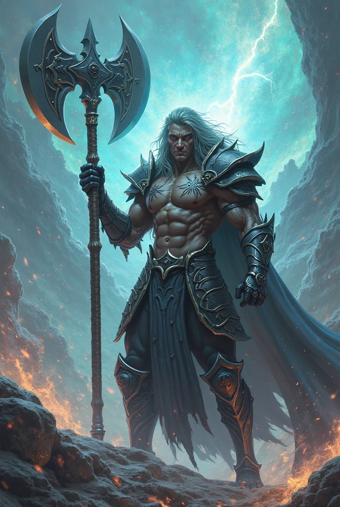 elf warrior with a large sword that is held with both hands, bright eyes that had a dimly desteque long silver hair with tattoo on his face, large and strong and robust body with an armor in a dark landscape