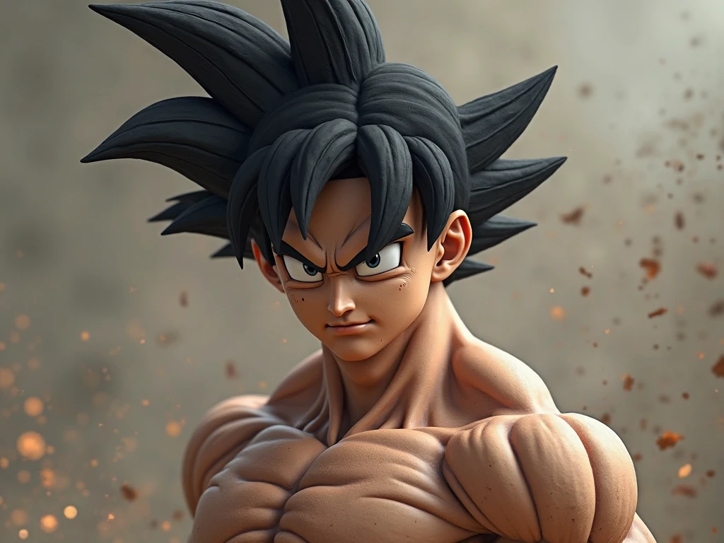 son goku, 1boy, closed mouth, male focus, muscular, muscular male, rock, sash, serious, solo, spiked hair, topless male, torn clothes, ultra instinct, black eyes, black hair, ((masterpiece)), Goku black, Zamasu style