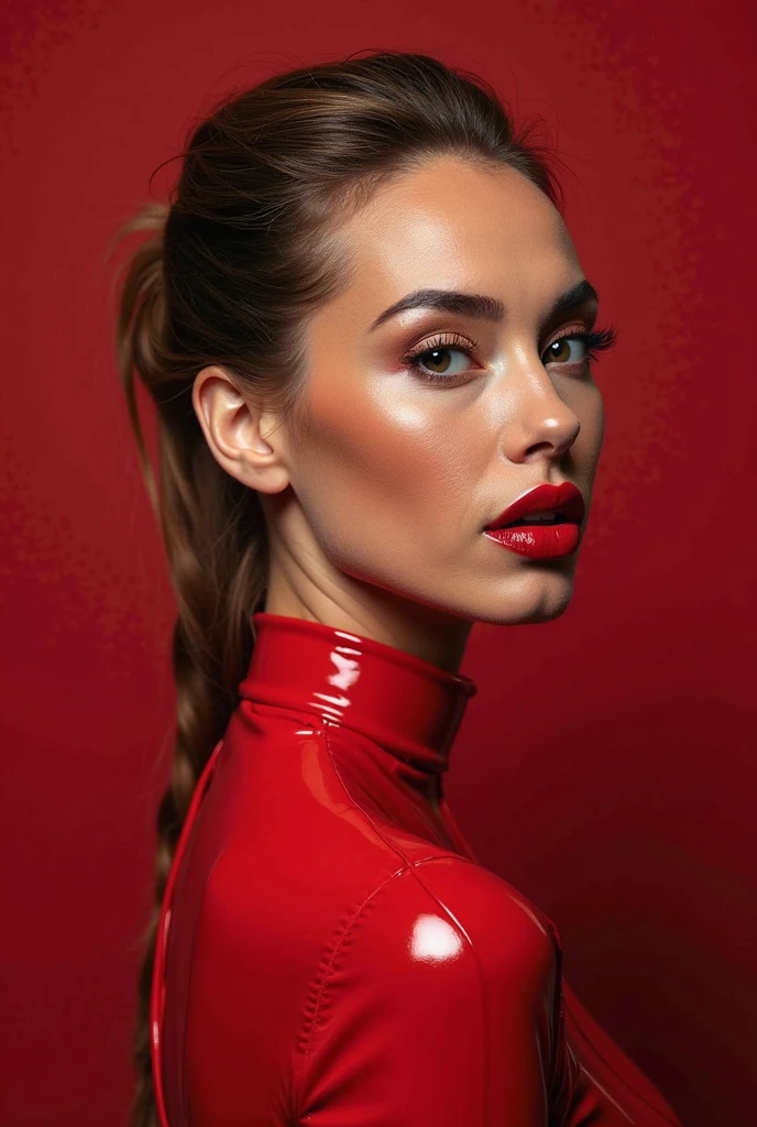 hyperrealistic beautiful busty 19-year-old woman with long legs wearing latex string body, model shooting full body photography, natural redhead classic bun, freckles, soaky wet skin, dark eye makeup with eyeliner, seductive smile, red lips, 8K, Best quality, Meisterwerk, ultra high resolution, (Realismus: 1.4), Originalfoto, (realistische Hautstruktur: 1.3), (Filmkorn: 1.3), (Selfie-Winkel), 1 girl, Beautiful round hazel eyes and facial details, Meisterwerk, Best quality, indoor photography in front of a shiny leather wall, nsfw
