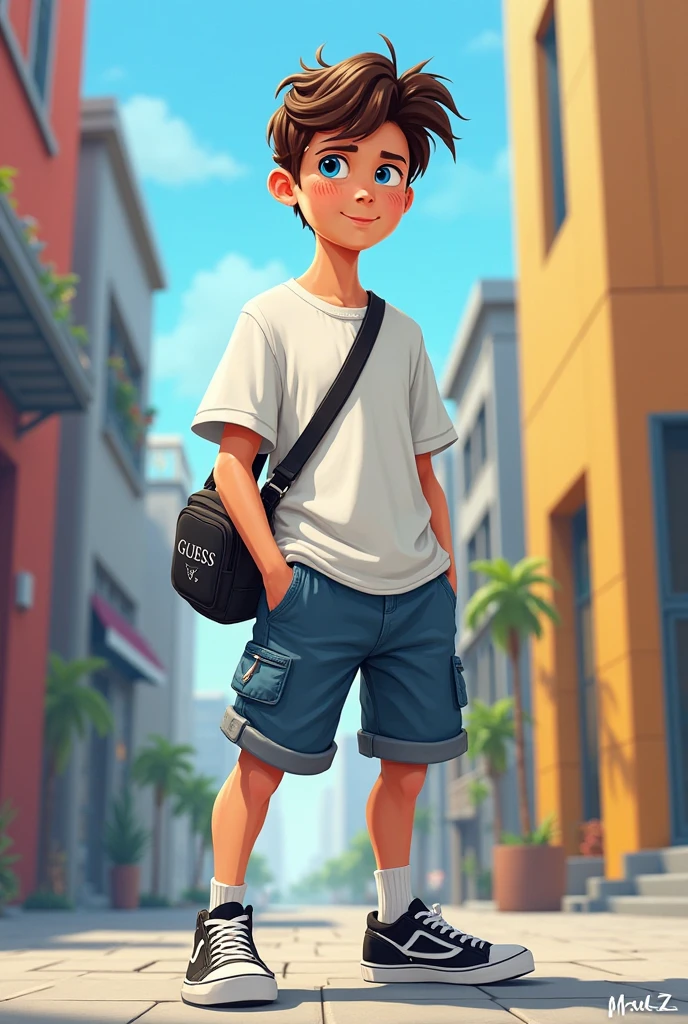Cool teenage man with black hair and light skin, in beige cargo pants, blue t-shirt and blue black and white air jordan sneakers holding a pair of white boxer briefs the size he would wear with his hands, in Realist style