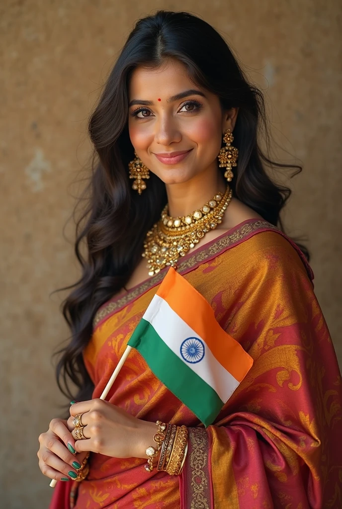 full length photo, (full body photo:2.0), a real ultra realistic 8k goddess of temptation with cyan coloured hair in white saree dress with tricolor indian flag in hand