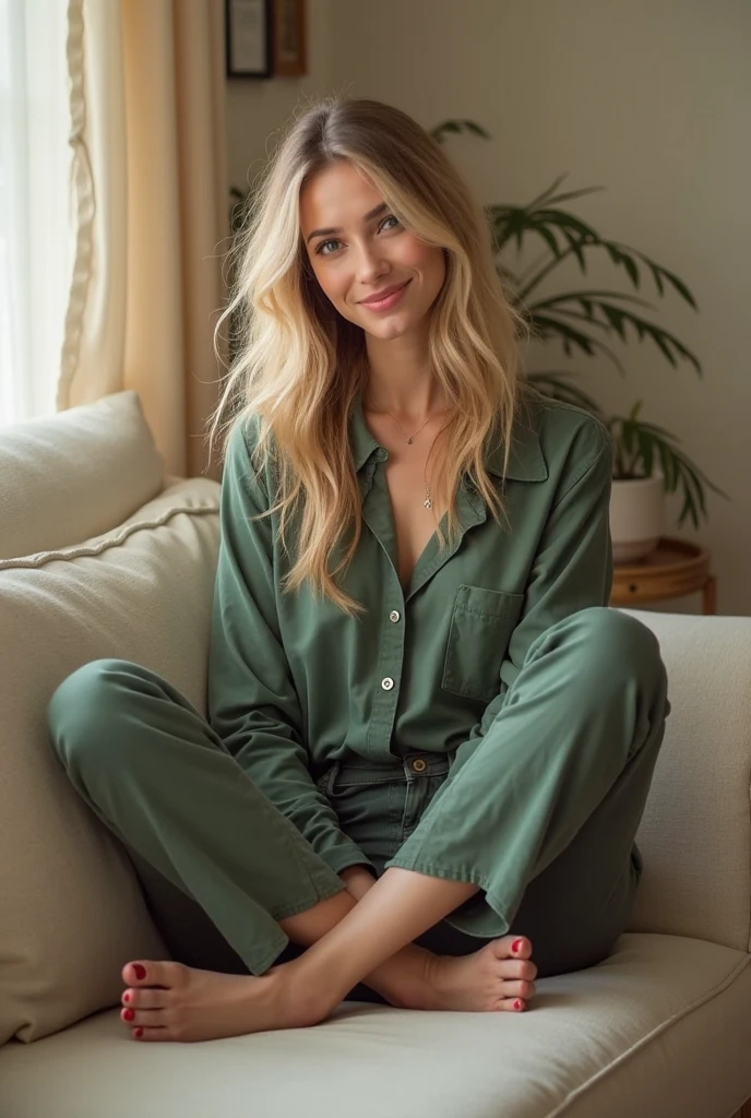 16K, iluminacion de frente, honey blonde hair, ojos verdes, at night in the couch, pijama comodo, covered with blanket, comfortable blanket (ultra detallado,fotorealista:1.37) cara perfecta, sonrisa. en sofa, manta de pelo. comfy