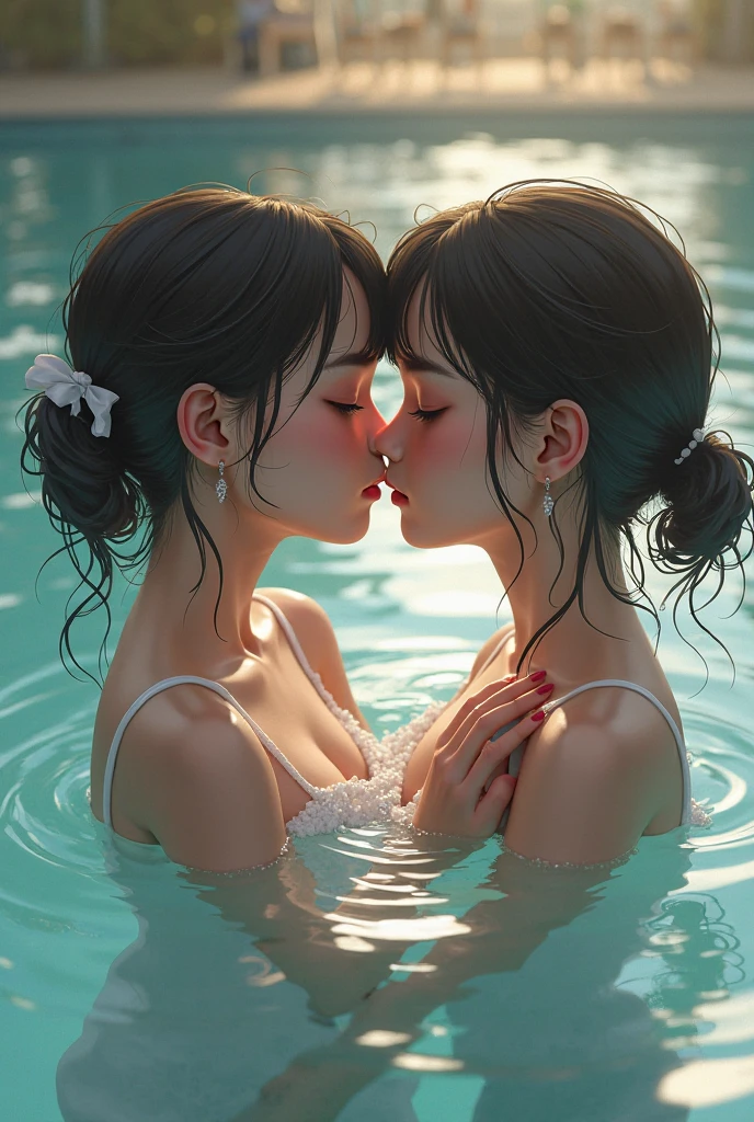 nsfw, masterpiece, best quality, ultra detailed, ((3 mature beautiful lesbian women, caress each other)), A shy look, smile at the camera, Bare skin glistening with sweat, bra and panties, at the pool-side, close-up to face, Portrait,