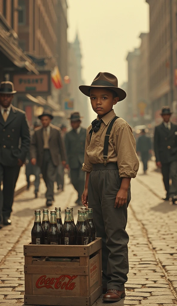 Black boy continues running through the city streets with his newspaper delivery bag in the year 1837 and a carriage approaches him about to run him over