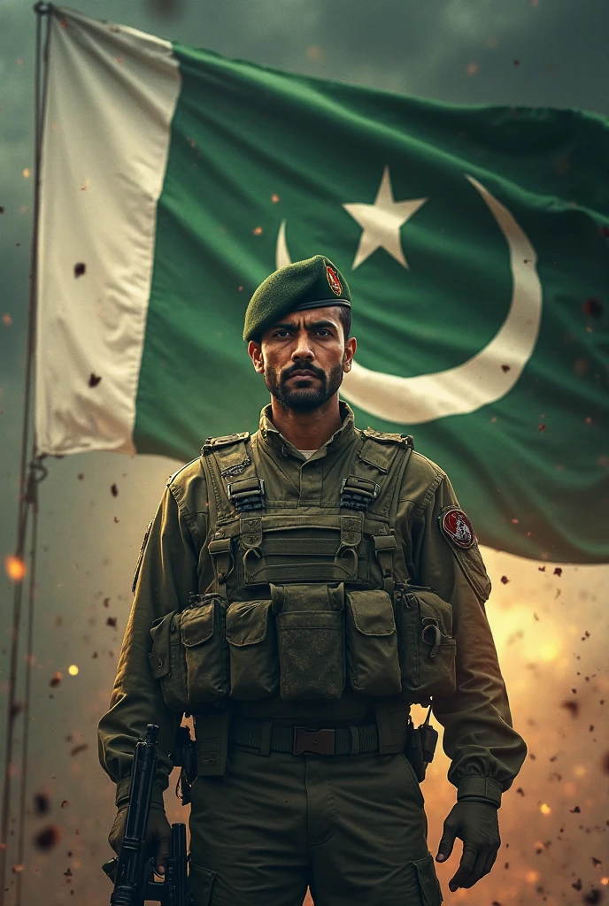 Make a picture in which Pakistani army t-shirt with the name Asad written on it, Pakistan flag in my hand and pakistan ringers with me, Pakistan flag in my hand and Nawaz Sharif stend with me