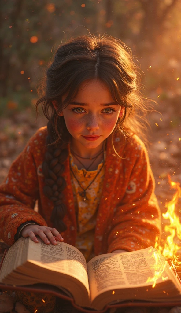 Melhor qualidade, obra-prima, ultra alto nada, fotorrealista, foto crua, Girl child 10 years old, Russian blonde in braids, com roupa de jaqueta de couro vermelha, Estilo retrato, flames are glowing in the dark with a reflection of the fire, chamas de fogo, chamas no fundo, fogo e chamas. --auto --s2
