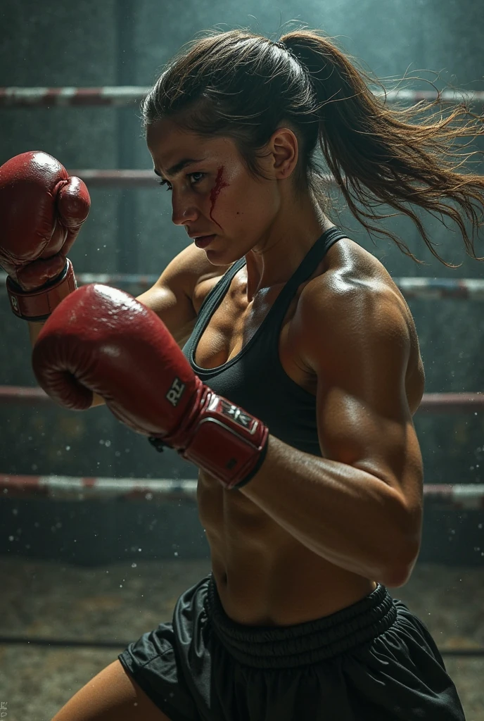 (best quality,4k,8k,highres,masterpiece:1.2), ultra-detailed, (realistic,photorealistic,photo-realistic:1.37), grungy boxing gym, small breasts, flat chest, muscular Japanese woman, boxing, Zendaya Coleman, intense sweating, dim lighting, sweaty hair, sweaty clothes