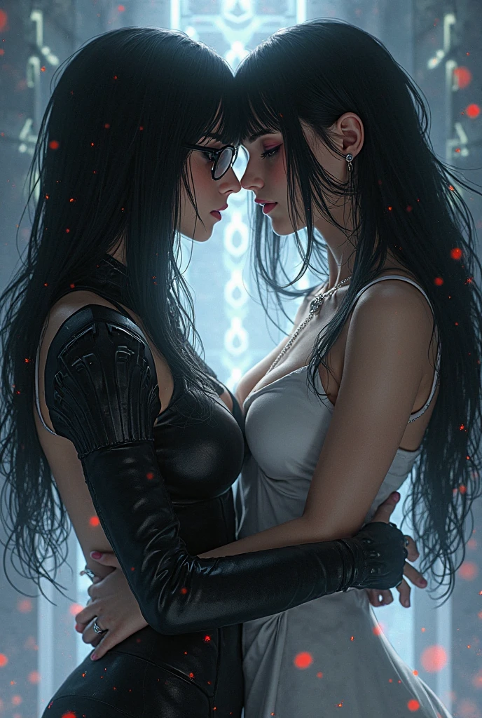 Masterpiece, Best Quality, (Very Detailed CG Unity 8k Wallpaper), (Best Quality), (Best Illustration), (Best Shadows), Absurd, Realistic Lighting, (Abyss), Beautiful Detailed Glow, PeterMohrBacher the art of, (2girls, kiss, eye contact:1.2).