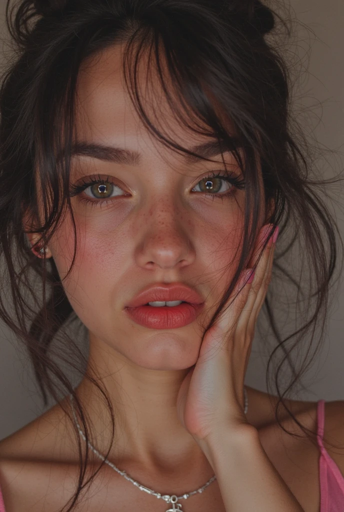 A 23-year-old woman with light brown hair, by tez clara, bushy eyebrow, eyes the color of honey, somewhat thick lips, splattered nose