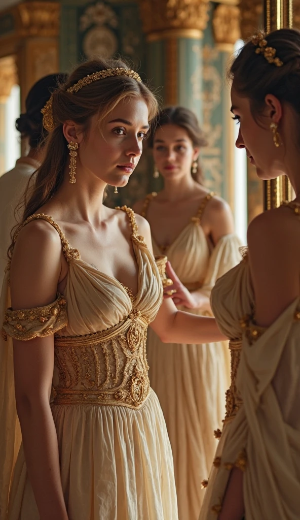 Masterpiece, Imagine a grand wedding in Ancient Rome, 83 BC, where the strikingly beautiful and noble Cornelia, a 14 years old roman noble girl, (slim body, light brown hair, blueish eyes, ultra detailed noble yet seductive face), is united in marriage to he young and ambitious Julius Caesar, aged 17. Cornelia, a 14 years old roman noble girl is radiant in her elegance and embodies the ideal of Roman femininity, her youthful beauty enhanced by the luxurious fabrics and sophisticated ancient roman style wedding garments. Amidst the ancient splendor of Rome, their love story begins, set against a backdrop of political intrigue and the timeless grandeur of an empire, (roman clothing's from the 1st century BC:1.2), 16K, ultra high res. photorealistic, UHD, RAW, (perfect anatomy:1.2), (two girls is deeply in love with each other, kiss:1.3)