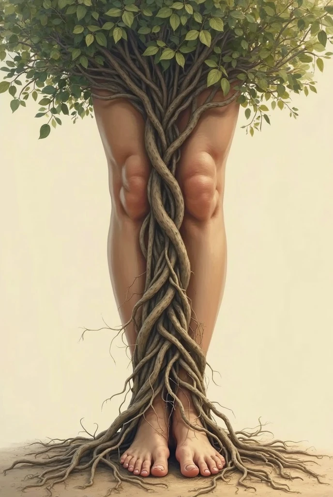 Create an image of a man figure upside down on a white background. The human's head should be at the bottom, with the hair transformed into tree roots spreading out like a plant. The torso should resemble a tree trunk, and the arms should branch out like tree limbs. The genitals should be depicted as blooming flower. Ensure the overall look blends human anatomy with plant characteristics, emphasizing the connection between humans and plants."