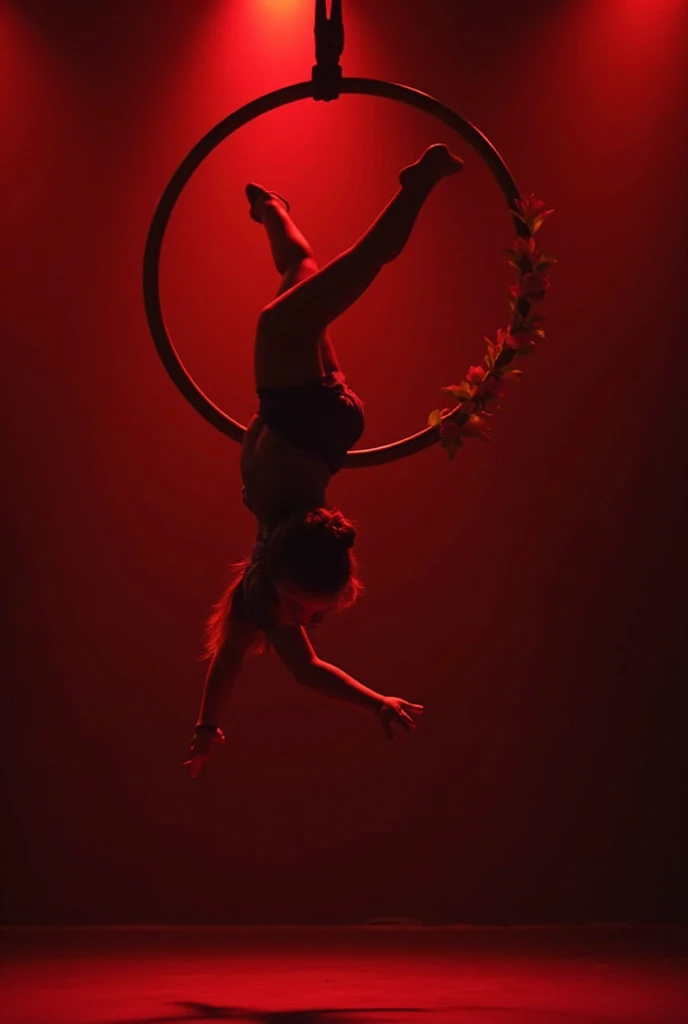 arafed woman in a red dress doing a trick on a pole, contorted, aerial silk, acrobatic, acrobat, circus performance, with screens and silks, extreme face contortion, show from below, acrobatic pose, suspended in air, dramatic floating pose, silks, antigravity, dramatic magic floating pose, contorted limbs --auto --s2