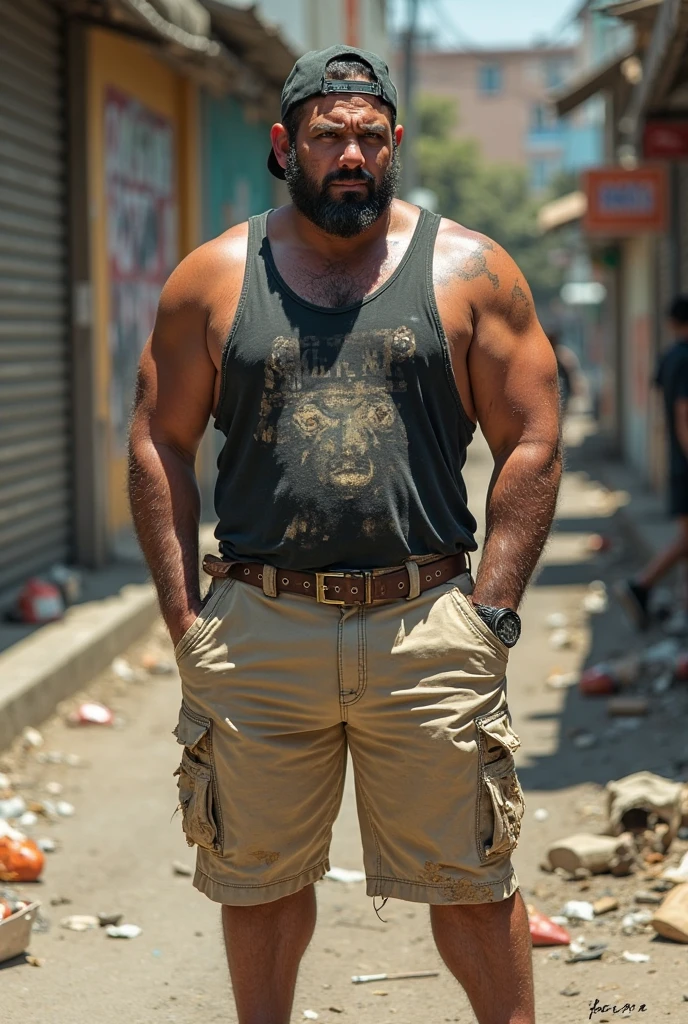 muscular turkish construction worker, muito peludo, peitorais grandes e carnudos, regata, Generate an image of a middle-aged man facing the camera. He has a friendly and expressive appearance. His size is fat and overweight, sofre de obesidade e, Like many of us, he's a guy,has no hair and ]It possesses a variety of physical characteristics. He's wearing casual clothes, And his posture is confident. A imagem captura a personalidade e individualidade dele, ELE ESTA FELIZ, chains on the neck. muscular turkish construction worker, muito peludo, peitorais grandes e carnudos, regata.