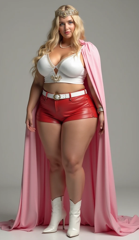 Fat Woman wearing a white blouse with hood , open bottons almost wearing hiuge breasts, shooting with arow and bow, wearing white higheels, ((fullbody view)), pinup pose, 10 meters way from the camera wearing a Very short panties almost nude, white belt with holster on waist, in the jungle