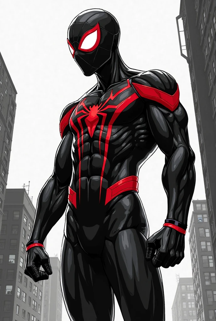 Spiderman, Symbiotic black suit ((Symbiomte)), White color sustrado alrededor del antifaz ((mixed with the black color of the suit, place of the head (mascara))), in the place of hands (gloves) Red color ((mixed with the black of the suit, by the forearm)), in the foot area (part of the suit) Red color ((mixed with the black of the suit, by the legs)), symbol de araña Symbiomte en el pecho ((symbol, White color)) Blending in with the black of the suit part of the chest, man 