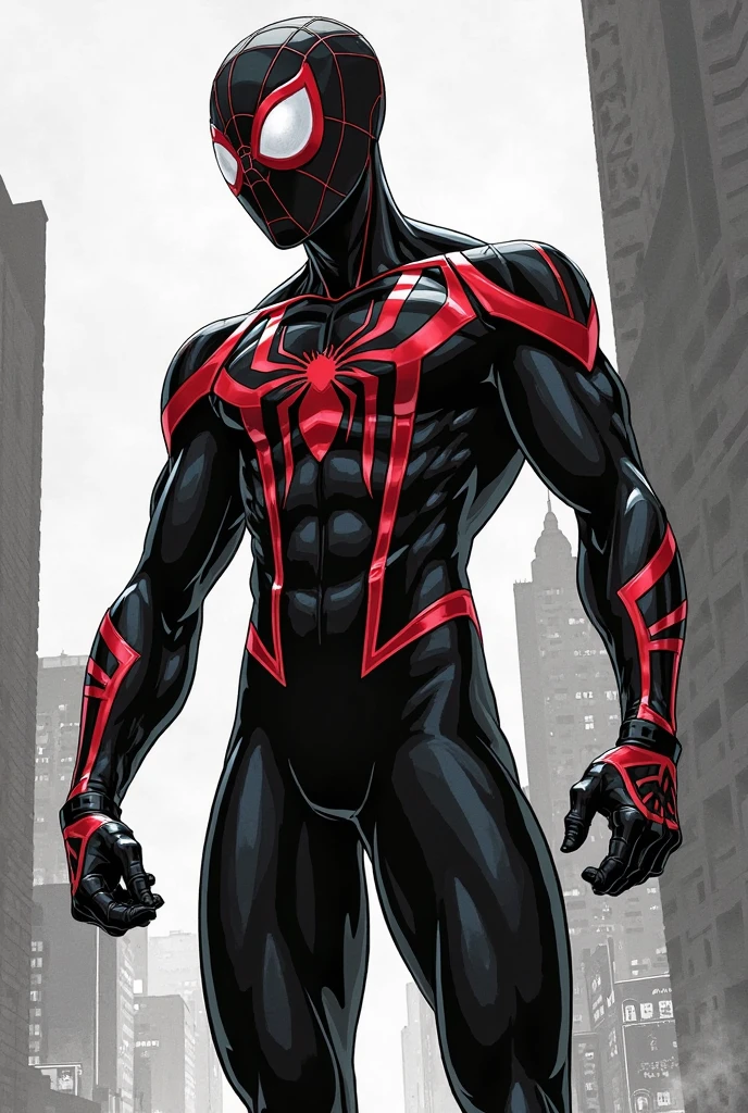 Drawing of Spider-Man with black and red uniform,