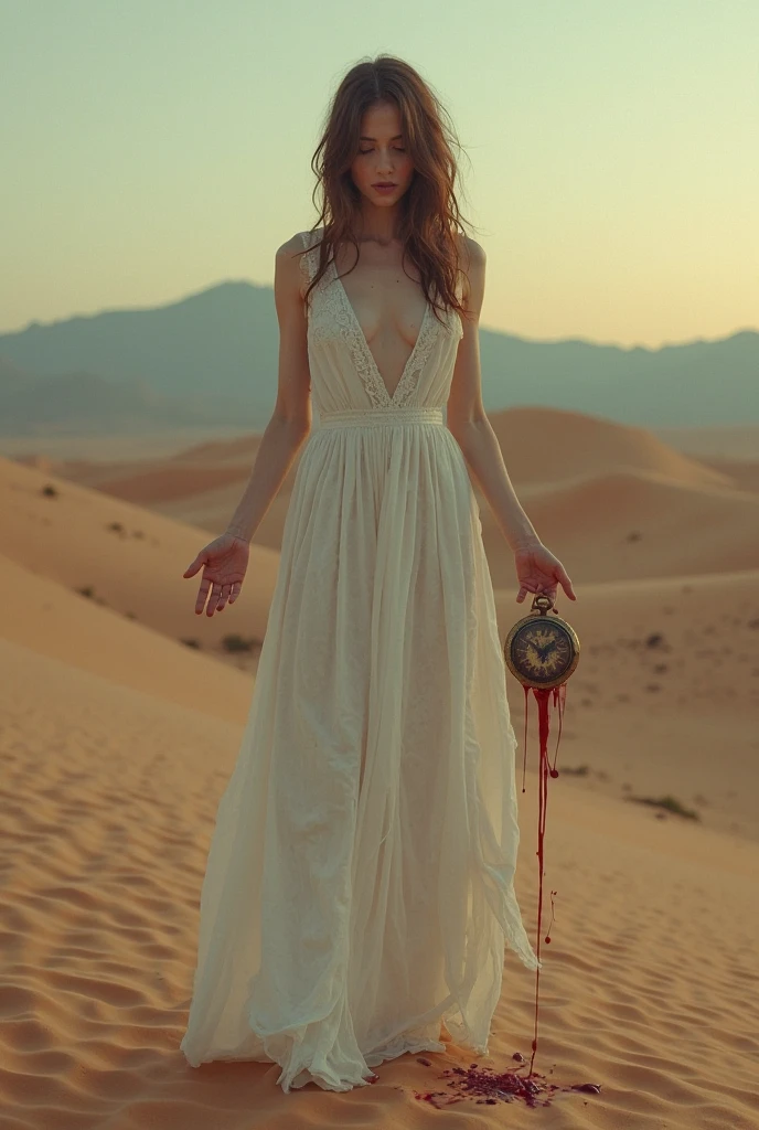 (Photorealism:1.1) desert, beautiful woman, Blue eyes, arabic facial features, black long hair, god, Long legs, bare legs, pose in gender turnover, gloomy atmosphere, black high rocks, long white dress, long train of the dress, Blood on the dress, barefoot, high detail, long shot, strong wind, sandstorm