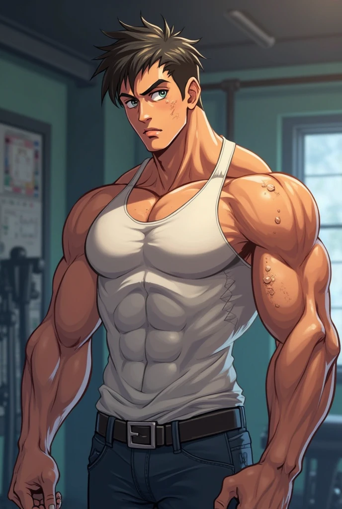 (The main character is taller than anyone else),(Wearing a sleeveless shirt and gray briefs),(masterpiece,best quality),1 person,boy,very shy,Face turned red,indifferent,muscular,delicate eyes,nude,(nude),blue eyes,,short blue-purple hair,(Fluorescent lamp),Robust,Dark brown skin,(a color),((In the dressing room)),multiple people,(hands hang down naturally),Turn slightly sideways,Anime ,anime wallpaper,Dilation of the pectoral muscles,Espalhe as pernas,sexy,(master part, best quality),((Exaggerated bulge of muscles)),The protagonist very tall and his head almost reaches the ceiling,muscular characters, super buff and cool, tall and muscular, muscular!!, very buff, muscular attractive men, massive muscles, big muscle, Muscular men, anime handsome men, muscular!, gigachad muscles, muscular bodies, muscular character,