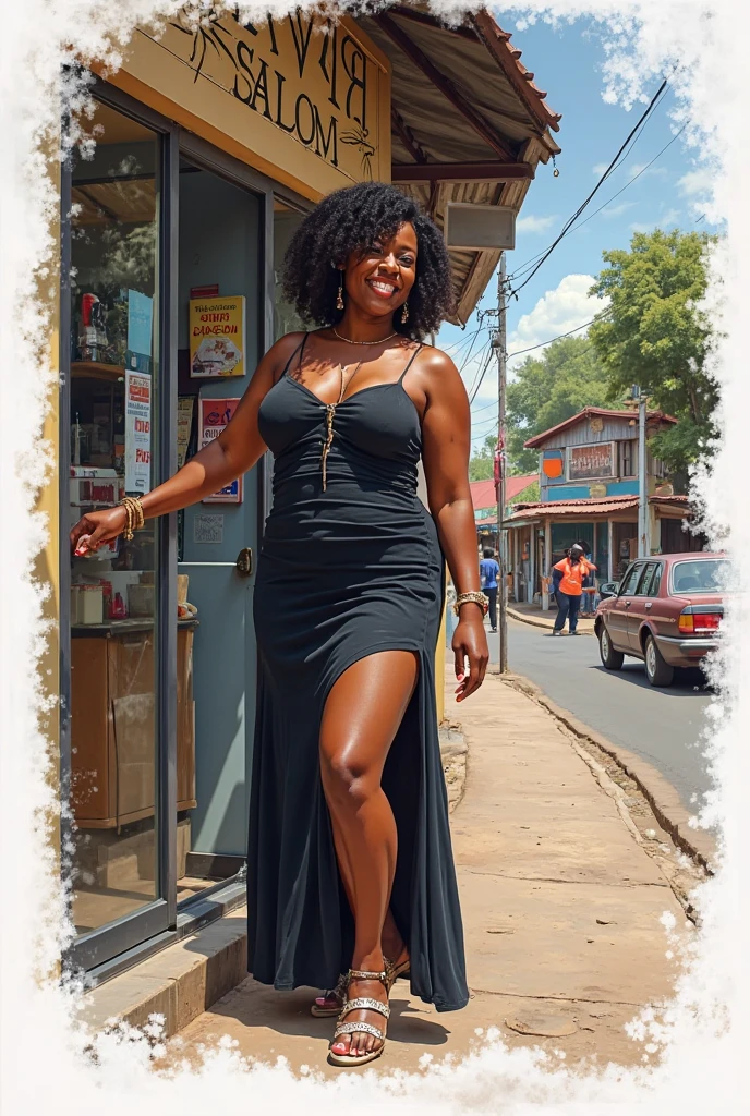 Roxanne Hancock, her name is Shaniqua, high quality, 1 old woman, ((50-year-old pear shaped body black woman)), ((50 years old)), (((pear shaped body 1.9))), ((thick thighs)), ((wrinkled body)), ((((old body)))), ((short curly hair)), (no make up), (she is wearing a colorful party dress), POSE: standing, BACKGROUND: outdoor: On the vibrant streets of New Orleans during Mardi Gras, a kaleidoscope of colors dances under the glow of flickering gas lamps."