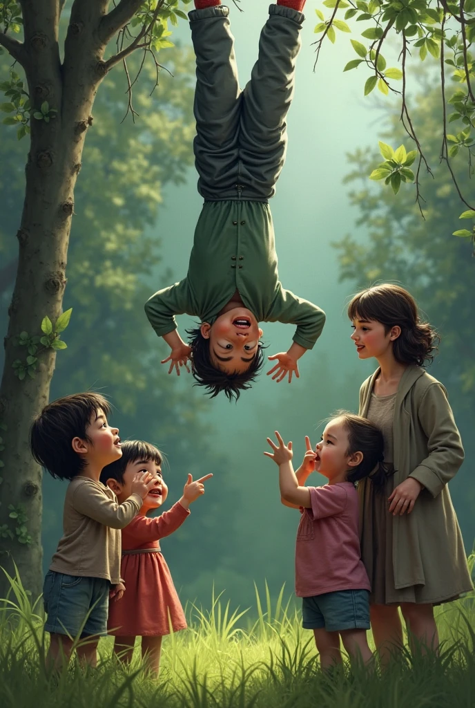 A realistic image of a girl in a tree scared, while down there is another angry boy.