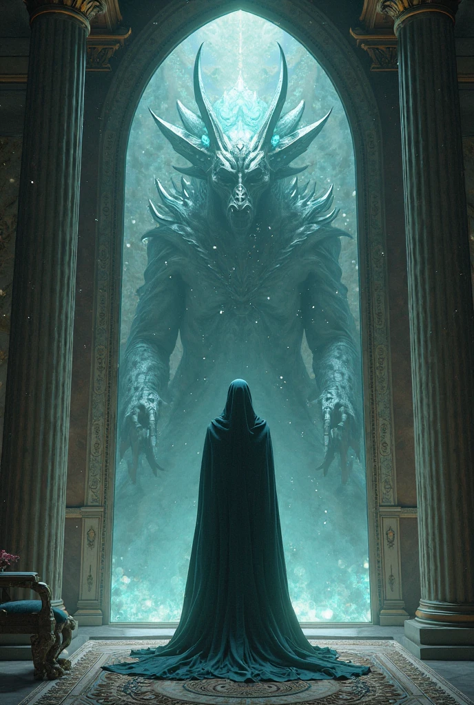Scene 7: The Gate of the Unseen Realm Opens - The Great Scholar, who is performing a forbidden ritual, open the gate to the supernatural world. A black creature with a hideous face emerged from the darkness and merged with the cleric..

