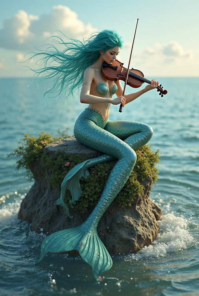 Mermaid sitting on a rock on the beach playing harp --auto --s2