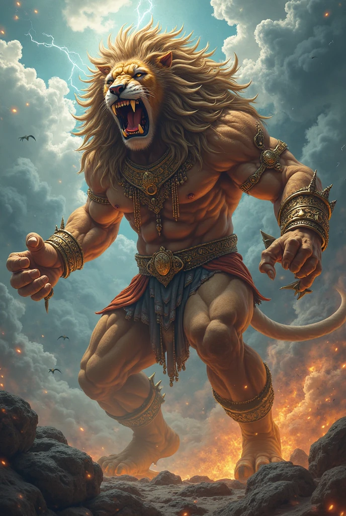 A half man half lion Indian God is standing and roaring in a battle field inside a royal palace and a king is standing against him with a sword